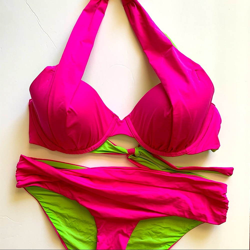 a che swim halter and large bottom pink and lime green size 32DD/34D /36C/38B